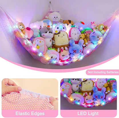 Unicorn Castle Stuffed Animals Net or Hammock Kids Toy Storage Organizer with LED Light Hanging Corner Stuffed Animals Holder Kids Girls Room Decor,Pink,Large (Pack of 1)