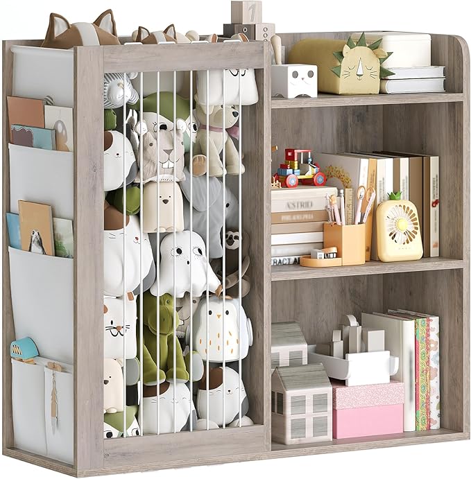 Kids Bookshelf and Toy Storage Organizer, 3 Tier Bookcase for Kids Rooms, Book Shelf with Stuffed Animal Storage, Side Oxford Fabric Pockets, for Playroom, Nursery, Bedroom, Greige CW02BG