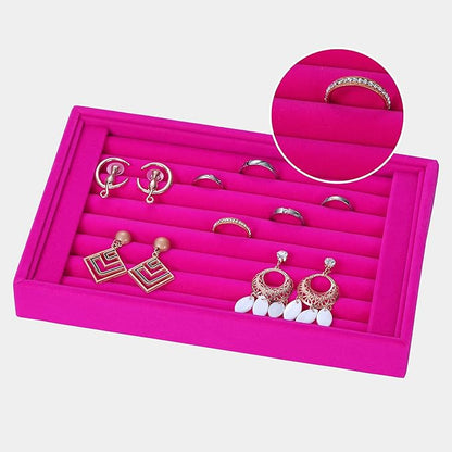 Valyria Velvet 7 Slots Ring Earrings Trays Showcase Display Jewelry Organizer (Fuchsia)