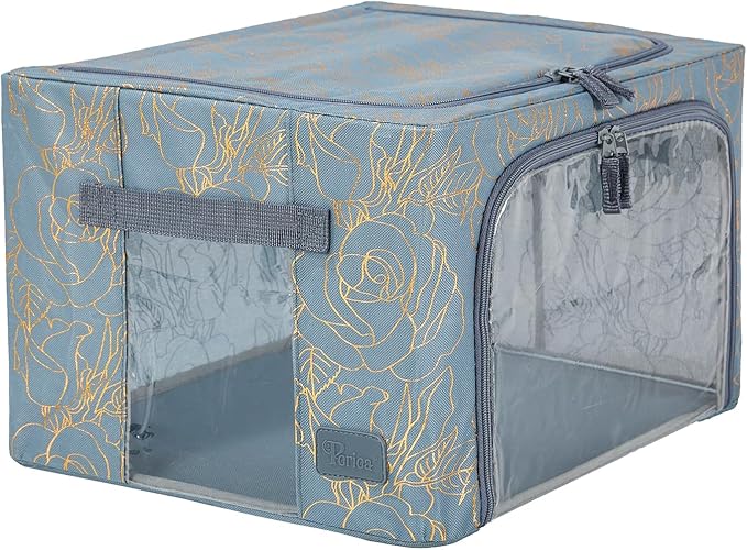Periea Oxford Cloth Steel Frame Storage Boxes - Under-Bed or in Closet - Pack of 2 Small Organizers (Metallic Floral)