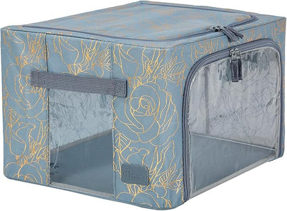 Periea Oxford Cloth Steel Frame Storage Boxes - Under-Bed or in Closet - Pack of 2 Small Organizers (Metallic Floral)