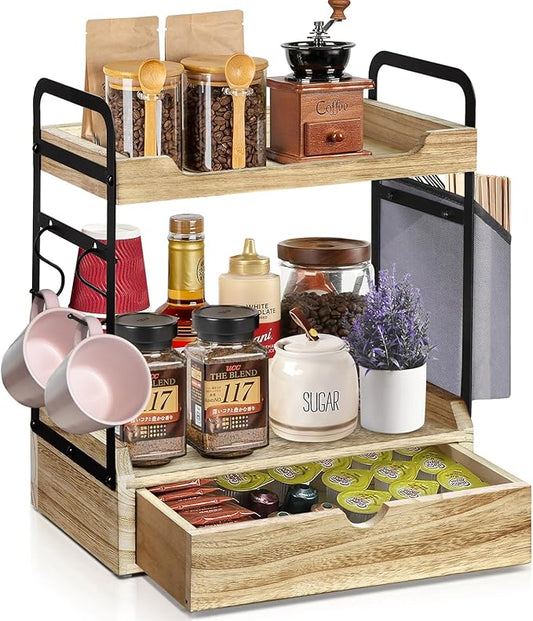 Wooden Coffee Bar Organizer - 2-Tier Station with Pod Holder, Syrup Snack Organizer and Hooks (Brown)