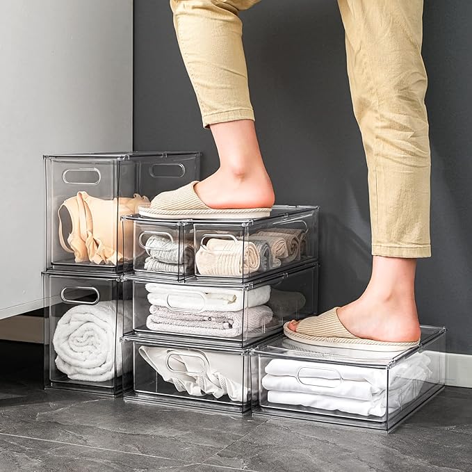 MANO 2Pack Clear Fridge Drawers Pull Out Stackable Refrigerator Drawer Organizer Bins Pantry Storage Box Plastic Food Containers for Kitchen Bathroom Office Closet (X-Large)
