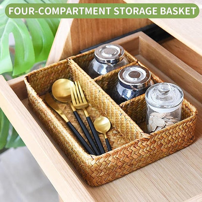 Wicker Baskets 4-Section Tea Bag/Sugar Packet Holder,Seagrass Woven Compartment Organizer,Storage Rattan Divided Basket,Office-Desk Baskets for Shelves,Pantry,Coffee Organizer,Countertops-Brown
