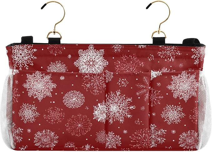 CuwrYet Bedside Caddy Hanging Bunk Bed Caddy Bed Organizer Hanging Pocket with 2 Hooks Bedside Storage Organizer Pocket Bag Holder Red Christmas Snowflakes