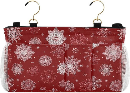 CuwrYet Bedside Caddy Hanging Bunk Bed Caddy Bed Organizer Hanging Pocket with 2 Hooks Bedside Storage Organizer Pocket Bag Holder Red Christmas Snowflakes