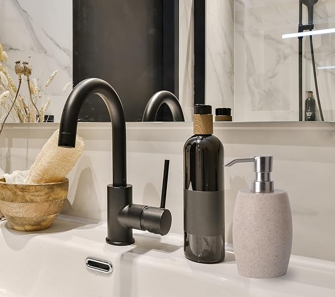 Clasin Home Sandstone Textured Resin Soap Dispenser with Metallic Pump and Waterproof Bottle Labels for Bathroom Kitchen Dish Hand Wash Shower Lotion Shampoo, 12 Oz, Beige