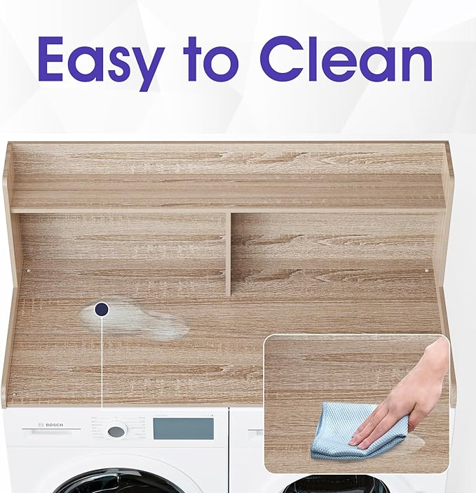 Washer Dryer Countertop with 2 Tier Shelf, 27.5" W × 54" L Laundry Wood Countertop with Edge Rails for Laundry Room Organization and Storage (Oak)