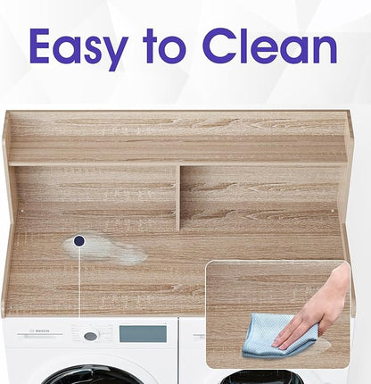 Washer Dryer Countertop with 2 Tier Shelf, 27.5" W × 54" L Laundry Wood Countertop with Edge Rails for Laundry Room Organization and Storage (Oak)