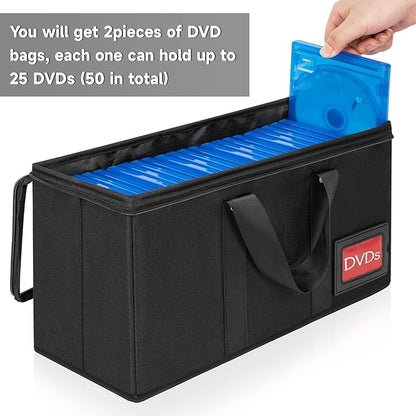 DVD Storage Case 2 Pack, Each Holds 25 DVDs (50 Total), 15.5" x 5.7" x 8", Portable Organizer Bag with Clear Cover, Zipper & Handles, Black