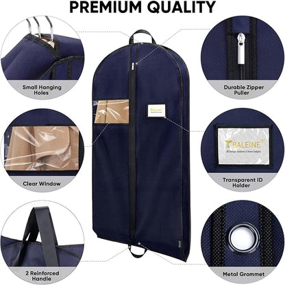 BALEINE 5PK Heavy Duty Garment Bag with Shoe Storage Travel Bag for Dresses, Suit, Coats Travel Essential (54", Blue)