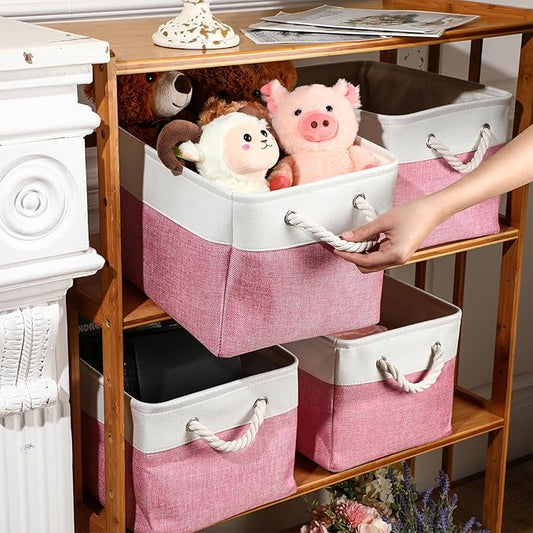meekoo 8 Pack Collapsible Storage Bins Fabric Storage Bins Polyester Fabric Baskets with Handles Linen Closet Organizer for Shelf Home Closet Towels Toys(15 x 11 x 9.5 in,Pink White)