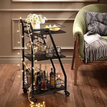 Bar Cart, Bar Cart for The Home, Small Bar Cart on Wheels, Beverage Cart, Home Bar Serving Cart with Glass Holder, Drink Cart for Bar, Kitchen, Marble Black and Black BC03BM