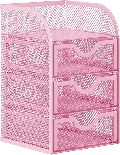 EasyPAG Mesh Desk Organizer with 3 Drawer Office Desktop Organizers and Accessories Stationery Caddy for Office, Home, Students, Pink