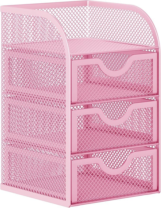 EasyPAG Mesh Desk Organizer with 3 Drawer Office Desktop Organizers and Accessories Stationery Caddy for Office, Home, Students, Pink