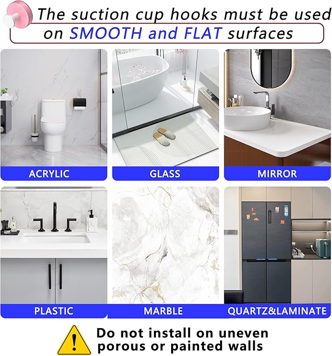 Suction Cup Hooks for Shower,Removable No Drill Towel Hooks,Upgraded 15 lbs Strong Suction hooks for Bathroom Tile,Shower Wall,Glass Door,Kitchen-Loofah,Coat,Stainless Waterproof-Pink White 2 Pcs