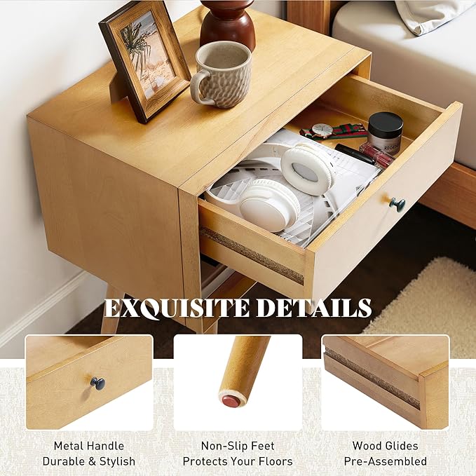 AMERLIFE Solid Wood Nightstand Set of 2, Fully Assembled End Table with Storage Drawer & Open Cubby, Mid-Century Modern Side Table for Bedroom, Natural