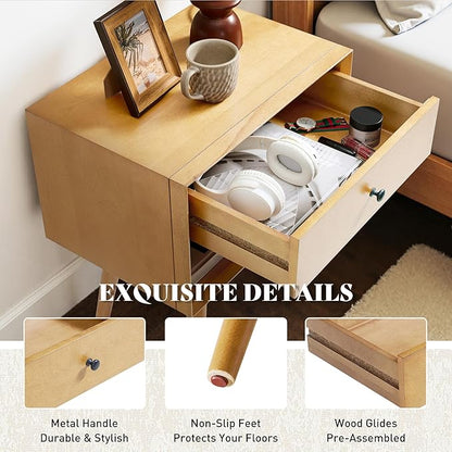 AMERLIFE Solid Wood Nightstand Set of 2, Fully Assembled End Table with Storage Drawer & Open Cubby, Mid-Century Modern Side Table for Bedroom, Natural