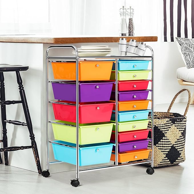 KOTEK 15-Drawer Rolling Storage Cart, Multipurpose Mobile Utility Cart with 4 Wheels, Home Office School Tools Scrapbook Paper Organizer (Multicolor-Combo2)