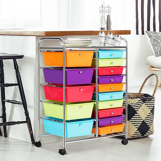 KOTEK 15-Drawer Rolling Storage Cart, Multipurpose Mobile Utility Cart with 4 Wheels, Home Office School Tools Scrapbook Paper Organizer (Multicolor-Combo2)