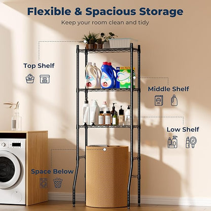 Laundry Room Storage Shelf & Organizer, 3 Tier Over Metal Washer and Dryer Shelves, Washing Machine Shelf, Adjustable Height & Feet, Bathroom Space Saver Shelf, 23.6" L x 13.8" W x 63.2" H, Black