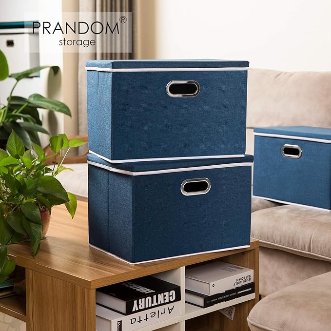 PRANDOM Extra Large Collapsible Storage Bins with Lids [5-Pack] Linen Fabric Foldable Storage Baskets Boxes Organizer Containers Cube with Cover for Bedroom Closet Office Nursery (22.8x15.75x13.8)