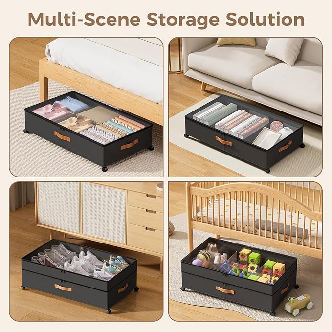 LYCDZT Under Bed Storage with Wheels, Large Capacity UnderBed Containers with Clear Lids, Shoe Organizer Under Bed Drawers, Rolling Under the Bed Storage for Clothes, Shoes, Blankets