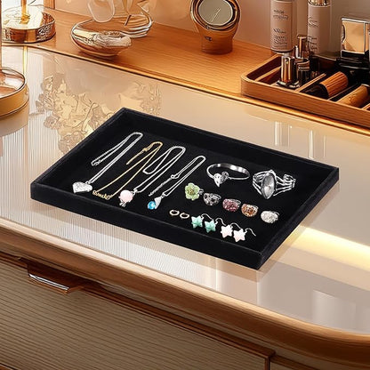 Mornajina 13.8" x 9.5" Velvet Jewelry Tray Jewelry Display Tray, Stackable Empty Plate Trays for Earrings Necklaces Bracelet Rings Display Showcase - Black