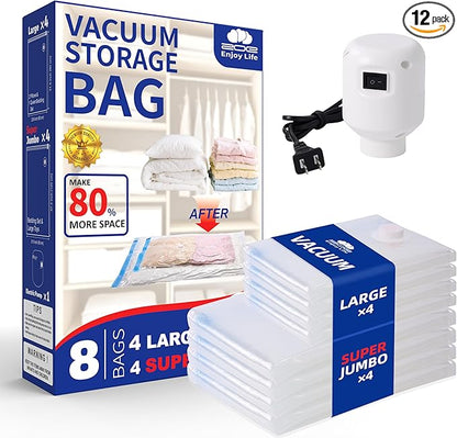 ZoeEnjoyLife Vacuum Storage Bags with Electric Pump,8 Pack Extra Large Space Saving Vacuum Seal Bags for Bedding,Blanket,Comforters,Duvets,Pillows(4 Large+4 Super Jumbo)