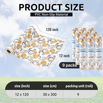 FIFTY FEET 12X120 Inch Shelf Liner for Kitchen Cabinets, PVC Drawer Liner for Dresser Non-Slip Bathroom, Non-Adhesive Cabinet Liner Washable (Yellow Floral)(9 Roll)