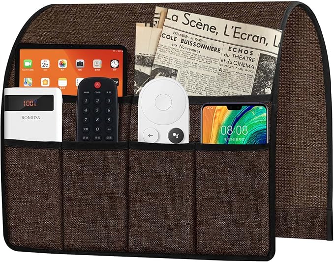 Ntomtuex Armchair Caddy Remote Control Holder for Couch Recliner, Armrest Pocket Organizer for Couch Arm Chair with 6 Pocket for Magazines, Eyeglass, ipad, Phone, Chocolate