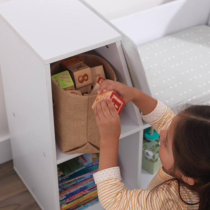 KidKraft Wooden Bookcase with Reading Nook, Storage and Gray Cushion, White