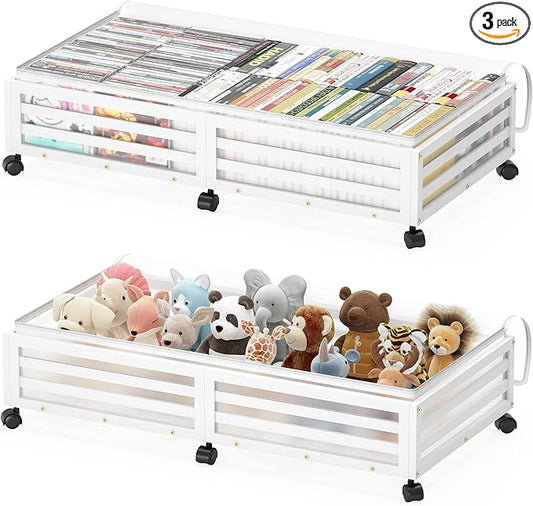 Wisuce Home Under Bed Storage Containers With Wheels - 2 Pcs Large Bamboo Wood Rolling Underbed Shoe Storage Bins With Dust Bags for Clothes Blankets, Duvet Covers Snacks Toys (White)