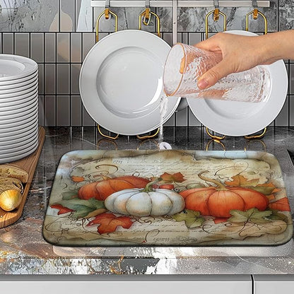 Wnoesat Fall Pumpkin Maple Leaf Dish Drying Mat for Kitchen Counter 16x18 Inch Vintage Autumn Leaves Thanksgiving Drying Mat Seasonal Ultra Absorbent Dish Drainer Rack Mats for Coffee Bar Kitchen