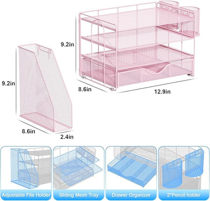 gianotter Desk Organizers and Accessories with File Holder, 4-Tier Desk Accessories & Workspace Organizers with Drawer and 2 Pen Holder, Paper Organizer for Office Supplies (Pink)