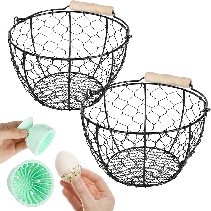 2 Pcs Egg Basket With Handle,Wire Egg Basket for Gathering Fresh Eggs, Round Egg Collecting Basket for Farm,Vintage Style Chicken and Duck Eggs Basket Egg Countertop Storage Container Holder ﻿