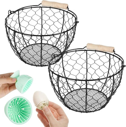 2 Pcs Egg Basket With Handle,Wire Egg Basket for Gathering Fresh Eggs, Round Egg Collecting Basket for Farm,Vintage Style Chicken and Duck Eggs Basket Egg Countertop Storage Container Holder ﻿