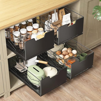 NETEL 2 Pack Pull Out Cabinet Organizer, No Drill Slide Out Drawers for Kitchen Cabinets, Peel and Stick Pull Out Drawers, Kitchen Cabinet Organizer,Black,11.8" W X 20.86" D X 6.9" H