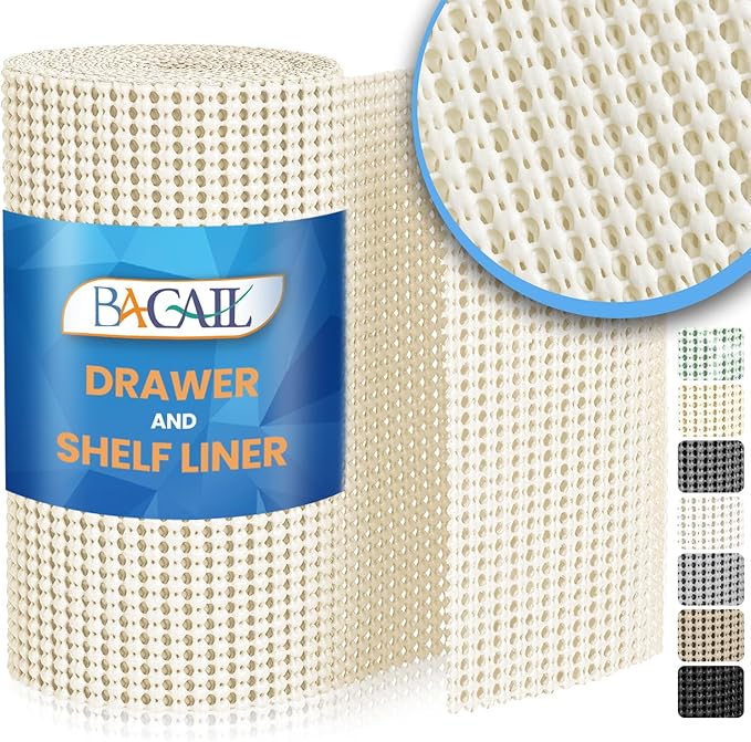 BAGAIL Drawer and Shelf Liner, 12 in X 20 Ft Non-Adhesive Shelf Liners for Kitchen Cabinets, Thick Strong Grip Liners for Desk, Shelves, Bathroom Drawers, Cabinet Protection - Cream