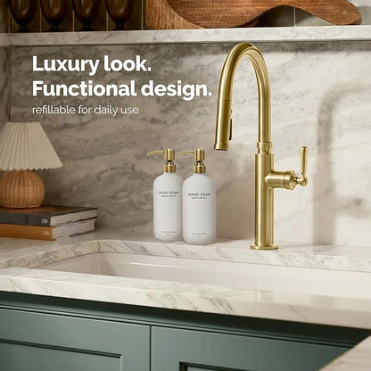 Vine Creations White Glass Soap Dispenser Set, Dish Soap and Hand Soap Dispenser Set with Stainless Steel Pump, 16 oz Glass Dispensers for Kitchen or Bathroom Decor (Matte White Bottle/Brushed Brass)