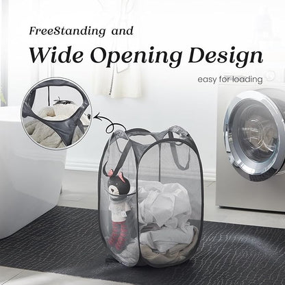 TECHMILLY Collapsible Mesh Pop Up Laundry Hamper with Sturdy Handles and Side Pocket - Portable Foldable Clothes Baskets for Dorm, Bathroom & Travel Storage (Grey, 2 Packs)
