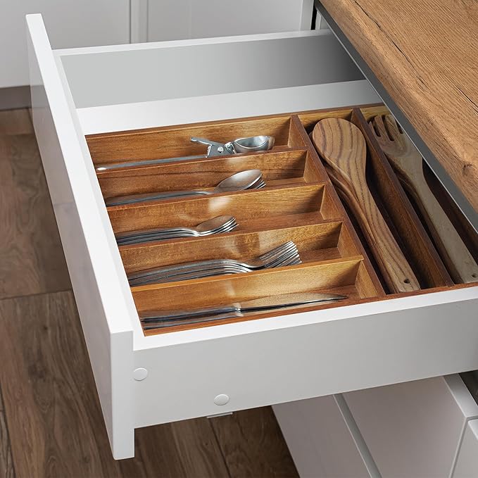 Acacia Wood Silverware Organizer, Kitchen Utensil Drawer Organizer for Forks & Spoons, 7-Compartment Cutlery Tray, Flatware Holder