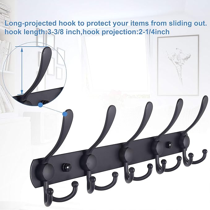 WEBI Coat Rack Wall Mount,Coat Hooks Wall Mount,5 Tri Hooks for Hanging Coats,Wall Coat Hanger,Wall Coat Rack for Clothes,Black