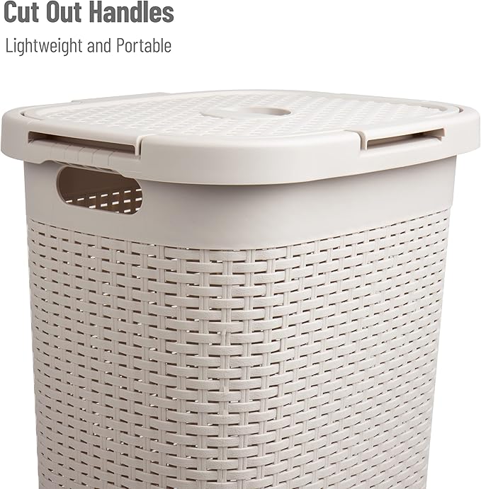 Mind Reader Slim Laundry Hamper with Lid, 60L Clothes Basket, Premium Wicker Design, Plastic, Ivory