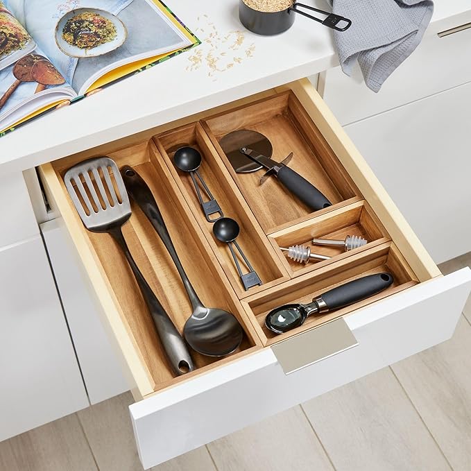 InterDesign iDesign Small Acacia Wood Kitchen and Pantry Drawer Organizer Bin– Natural