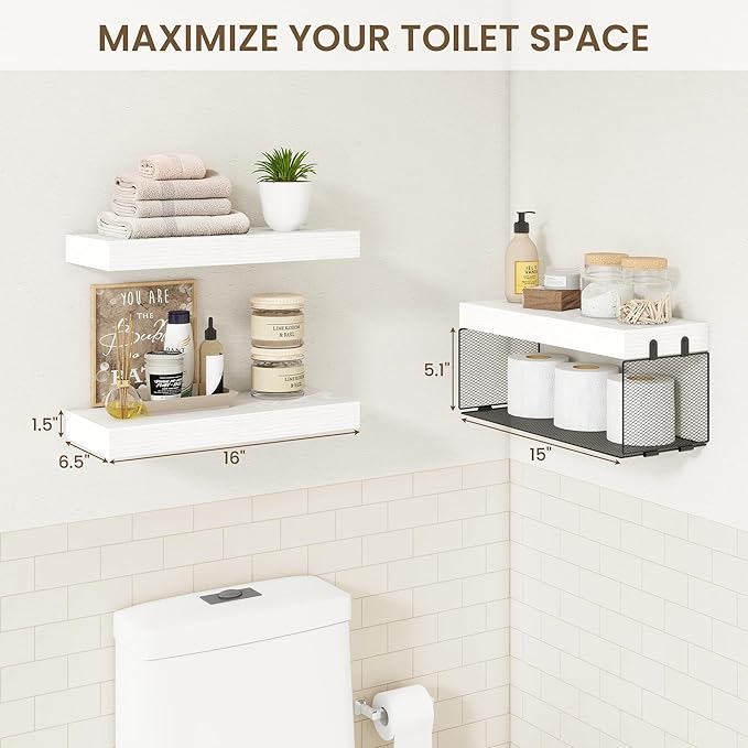 Bathroom Floating Shelf for Wall,16 inch Wall Mounted Floating Shelves Toilet Organizer and Storage,Small Farmhouse Decor Shelf,White,Set of 3
