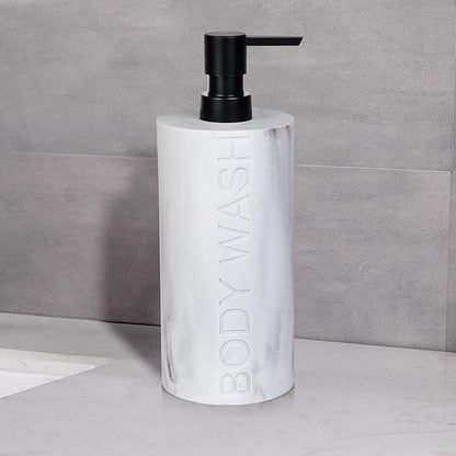 Indecor Home Resin White Marbled Body Wash Engraved Bottle Refillable Pump Dispenser, Durable Waterproof Construction for Bath, Shower - Resin White Marble - Matte Black Pump