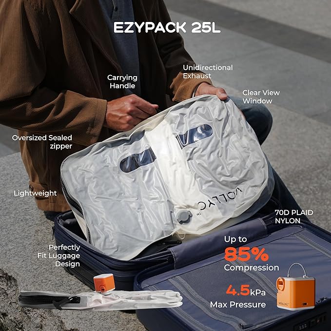 VOLLYC Travel Vacuum Bags with Pump, 25L Large Capacity Vacuum Bags for Travel, IPX7 Waterproof, Open Zipper, Reusable Space Saver Compression Bags for Luggage, Backpack, Suitcase, Home Storage