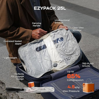 VOLLYC Travel Vacuum Bags with Pump, 25L Large Capacity Vacuum Bags for Travel, IPX7 Waterproof, Open Zipper, Reusable Space Saver Compression Bags for Luggage, Backpack, Suitcase, Home Storage
