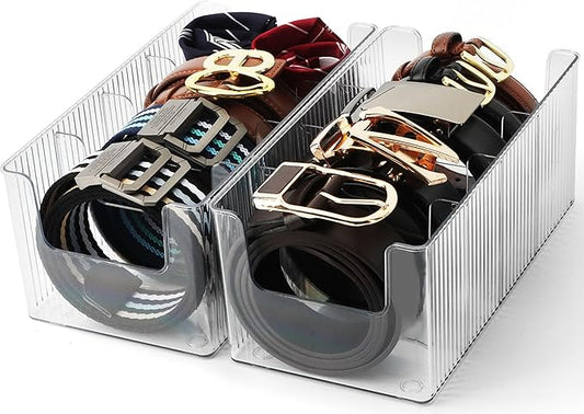 AUOIKK Acrylic Belt Organizer - 2 Pack with Adjustable 4 Compartments & Stackable Design, Clear Storage for Closet and Drawer Organization